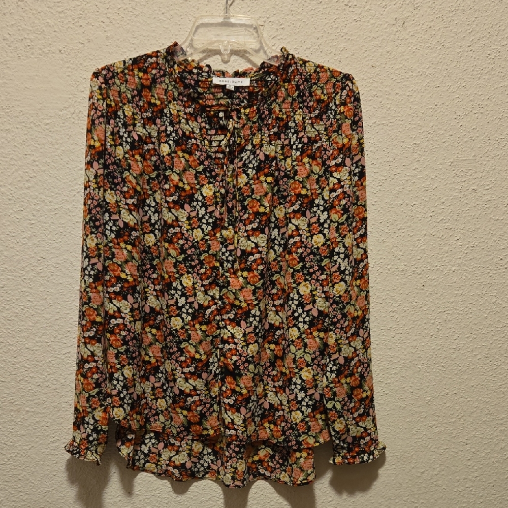 B10 Rose & Olive Floral Blouse - Black and Pink Sz Med